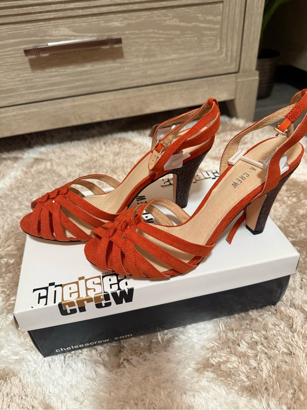 BRAND NEW-chelsea crew Burnt Orange Suede Knotted Peep-Toe Heels